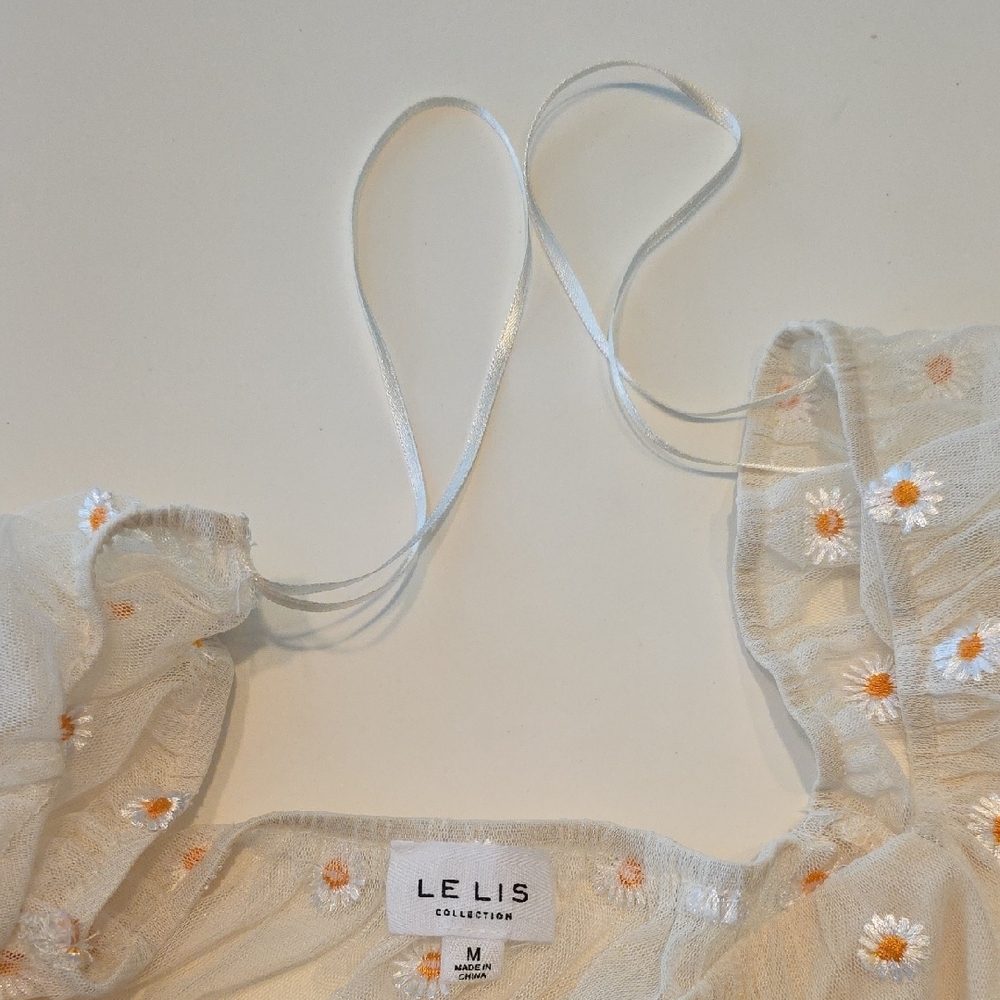 Le Lis Ivory Sheer Mesh Daisy Embroidered Crop Top Cottagecore Size Medium - Picture 9 of 11